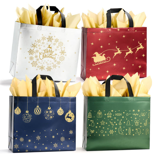 16 Pack 13" Large Christmas Gift Bags With Tissue Paper, Reusable 4 Unique Designs Christmas Bags with Handle for Gifts Wrapping Shopping Xmas Party Supplies(13" x 11" x 5")