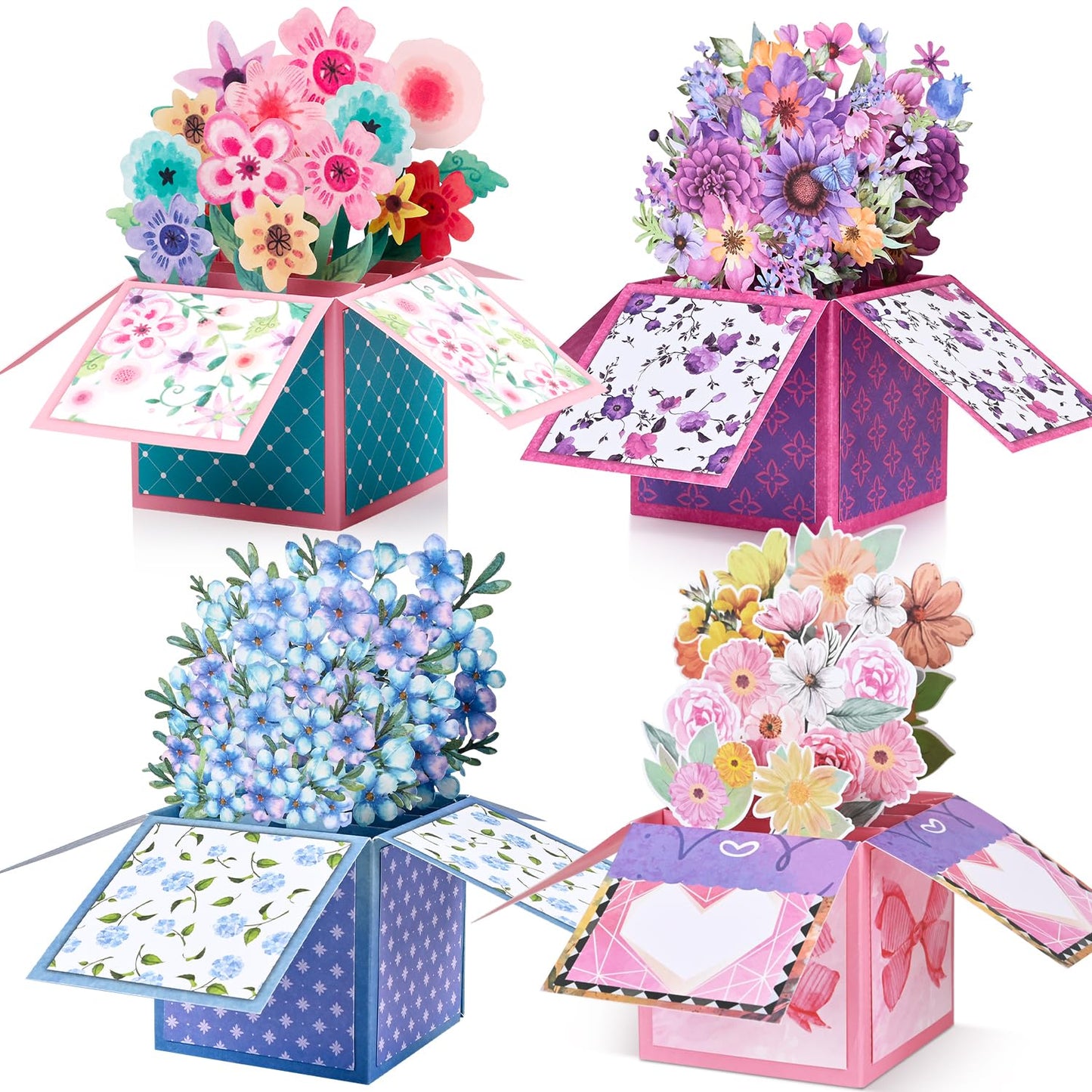 Giiffu 4 Pack Pop Up Flower Bouquet Cards, 3D Flower Pop Up Card with Envelope & Note, Mothers Day Pop Up Cards for Mom, Birthday Cards for Women, Paper Flower Bouquet, Get Well & Thank You Cards