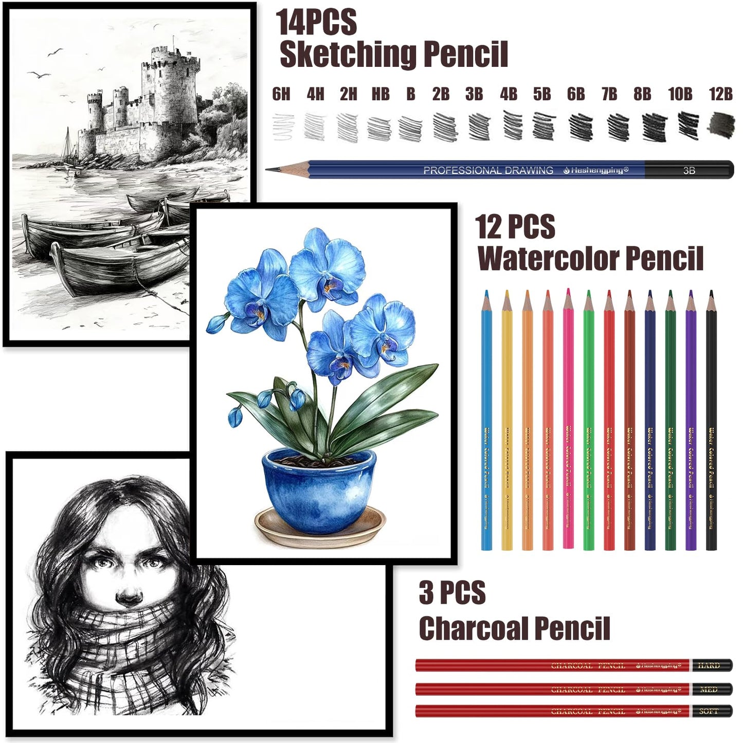 Sketch Drawing Kit Graphite Pencils, Charcoal Pencils, Watercolor Pencils, Colored 40pcs Professional Sketching Pencils, Coloring Pencil Set for Artists Adults Beginners Pro Art Supplies