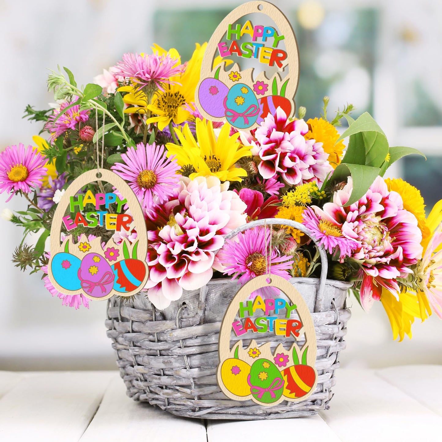 Wooden Easter Ornaments to Paint Spring Decoration Happy Easter Cutouts Unfinished 24PCS 3.5 inches, DIY Blank Unfinished Christmas Tree Wood Discs Ornament for Home Crafts Hanging