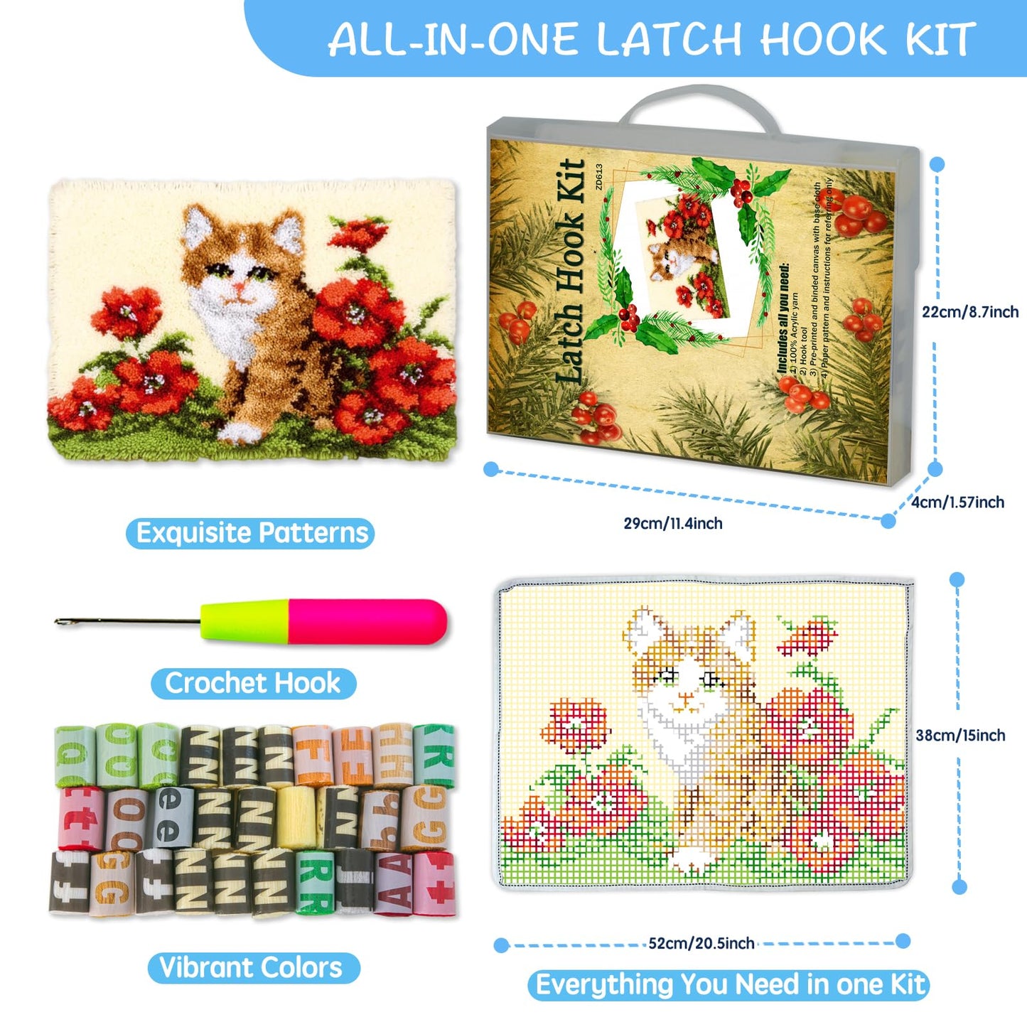 Latch Hook Kit Rug, Latch Hook Kits Cat with Pre-Printed Pattern for Adults and Kids 52X38cm/20.4 Inch X15 Inch