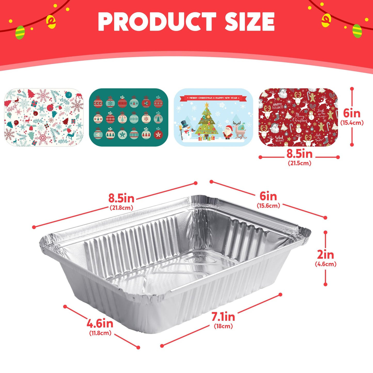 JOYIN 48 Pieces Christmas Foil Containers with Lids, 8 Holiday Designs, 8.5"x6"x2" Rectangular Treat Foil Containers, Disposable Food Storage Pan for Holiday Leftovers, Xmas Gift-Giving