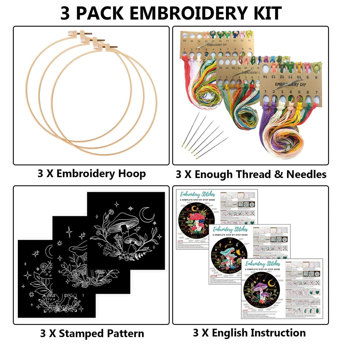 Nuberlic 3 Pack Embroidery Kit for Beginner Adults, Stamped Cross Stitch with Mushroom Patterns Include 3 Hoop, Cloth Thread Needles and Instructions