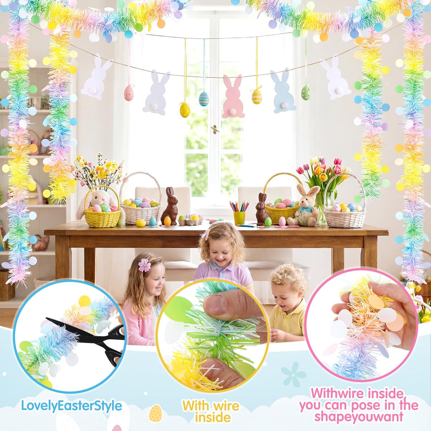 3 Pcs 49 ft Tinsel Garland Decorations Metallic Festooning Garland Glittering Sparkling for Mardi Gras Party Carnival Indoor Outdoor Hanging (Pastel Pink, Blue, Yellow, Easter)