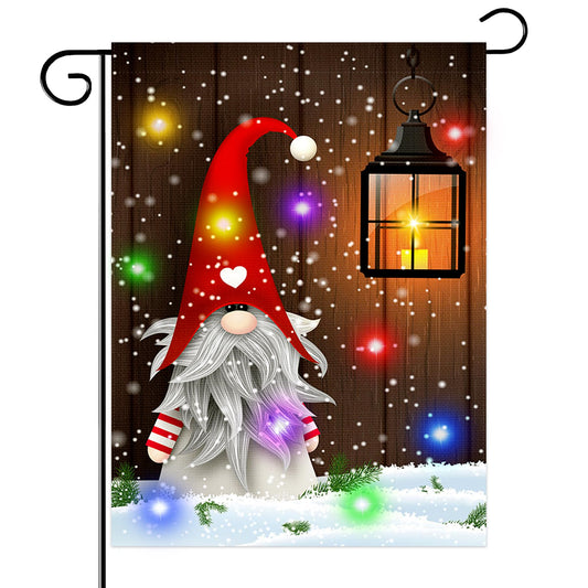 Christmas Lighted Gnome Garden Flag,Double-Sided Home Rustic Winter Garden Yard Decorations,New Year Vintage Seasonal Outdoor Flag 12 x 18inches for Holiday,Purple