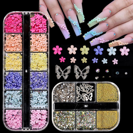 3D Flowers Nail Charms, 3D Pink Pastel Acrylic Flower for Nails, Gold Caviar Beads Nail Decorations Mixed Rhinestones Kit, Crystal AB Color Gems Nail Diamonds Rhinestones for Women Craft Jewelry