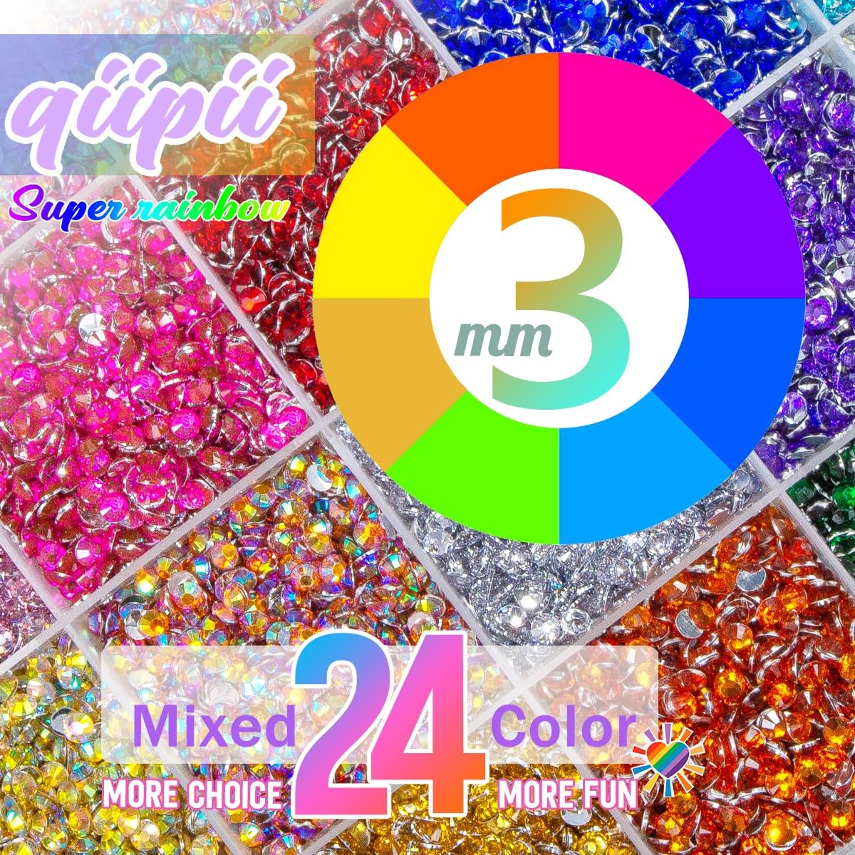 qiipii 24000Pcs 24 Color 3mm Crystal Resin Rhinestones w B7000 Glue for Bedazzling Crafting Flatback Stones Colorful Crystals Gems Diamonds Charms for Nails Eyes Face Makeup Crafting Tumblers Crafts