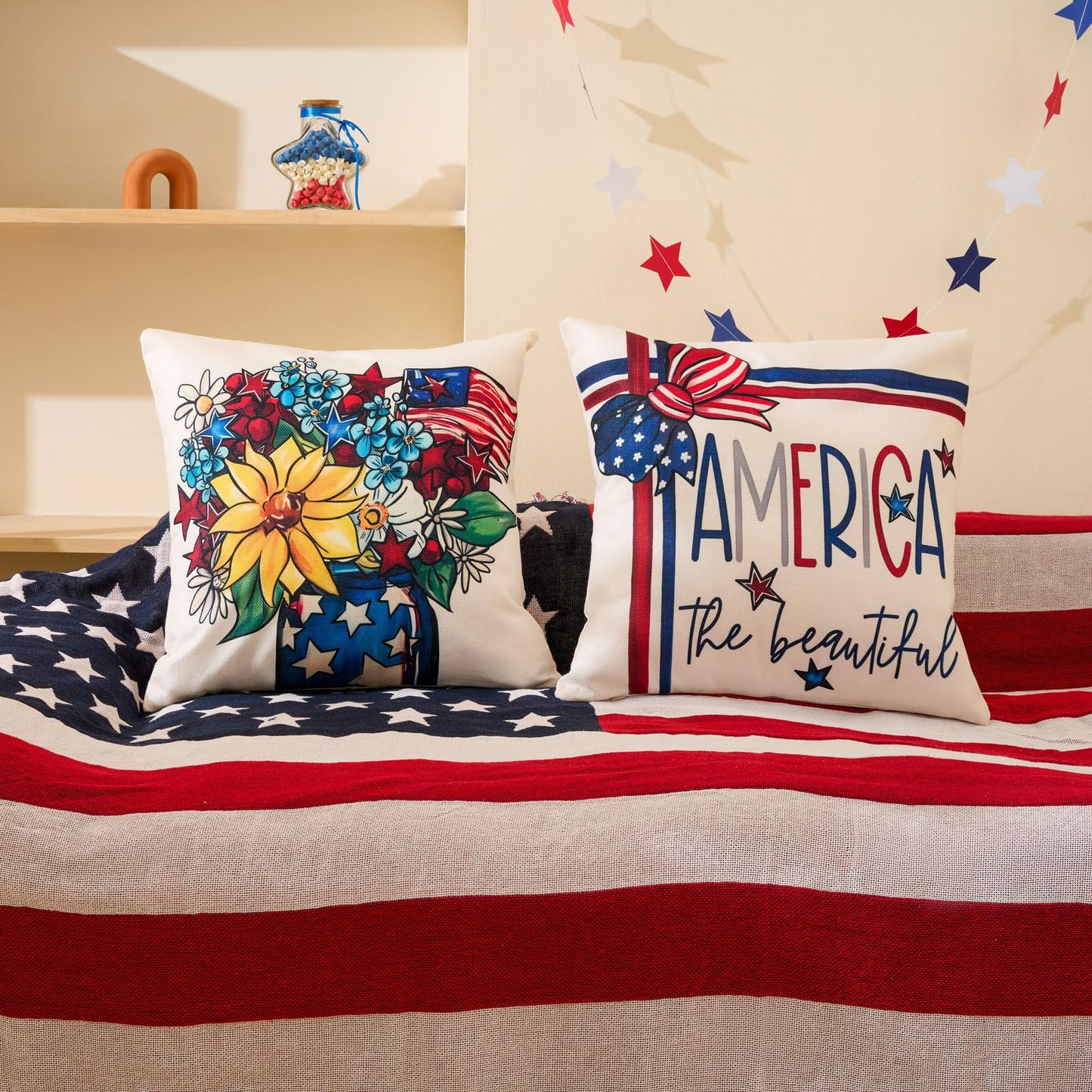 4th of July Decor-Throw Pillow Covers 18x18in Set of 4,Patriotic Linen Pillow Case for Independence Day,Memorial Day,Veteran's Day,USA,American Summer Outdoor Red White Blue Decorations