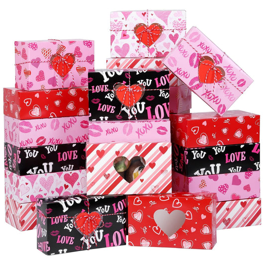 Valentines Day Cookie Boxes 7.8 x 4.7 x 2.75 Inch Cupcake Bakery Boxes with Heart Window Goody Treat Boxes Candy Container Boxes with Tags for Valentines Day Gifts Giving (24)