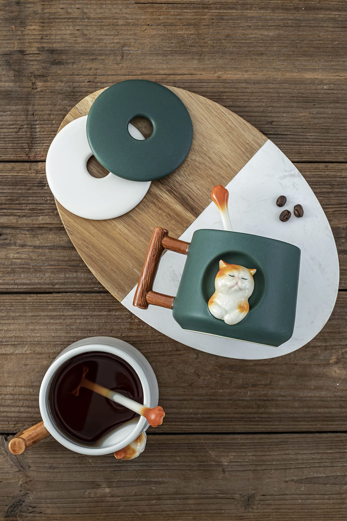 Adorable 3D Ceramic Cat Mug with Lid and Spoon - Perfect for Coffee, Tea, Milk, and More - Ideal Gift for Animal Lovers - 14 Ounces (Green)