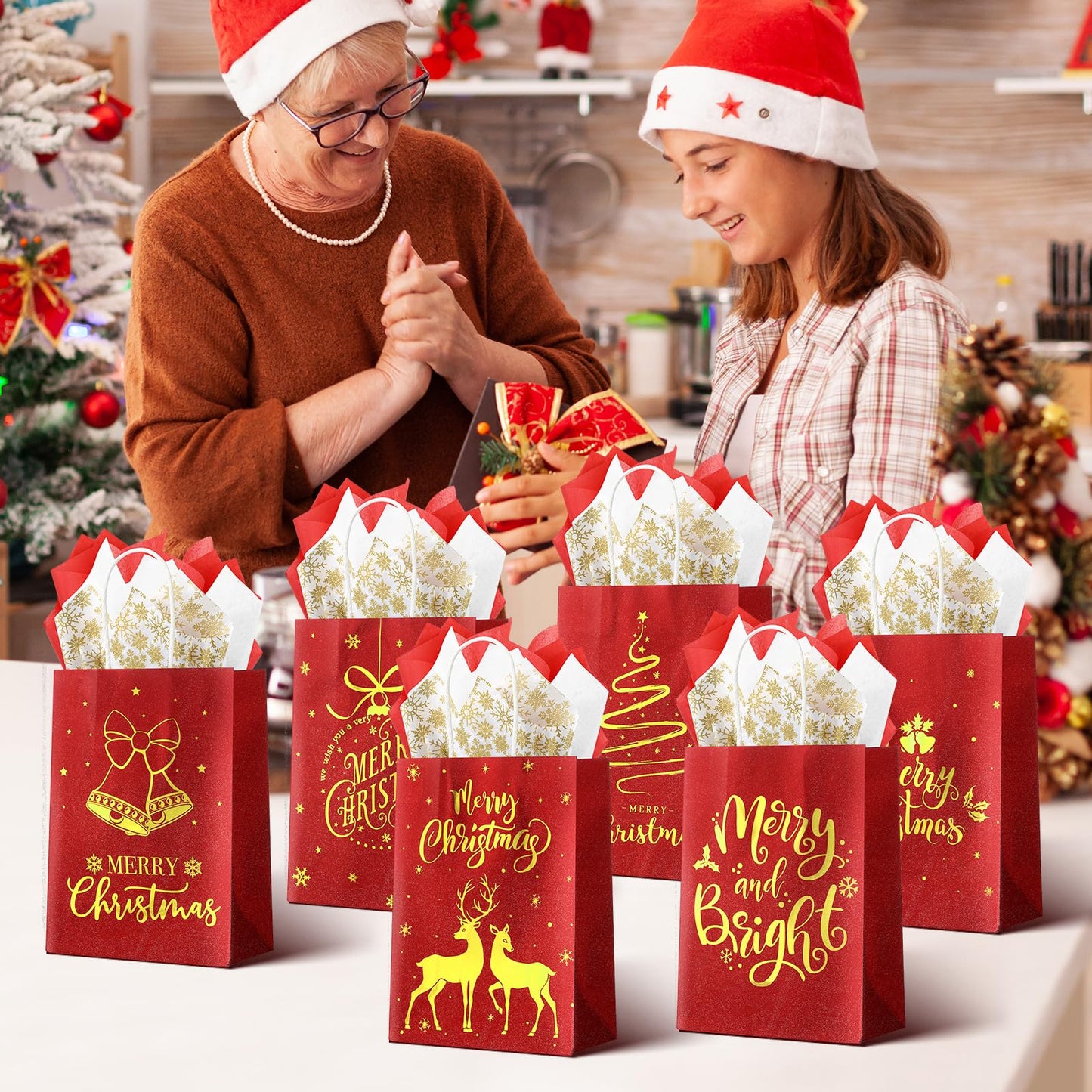 24 Pcs Christmas Gift Bags, Red Glitter Christmas Bags for Gifts with Tissue Paper, 6 Styles Red and Gold Foil Paper Goodie Bag with Handles, Bulk Xmas Holiday Reusable Party Favor Treat Bag