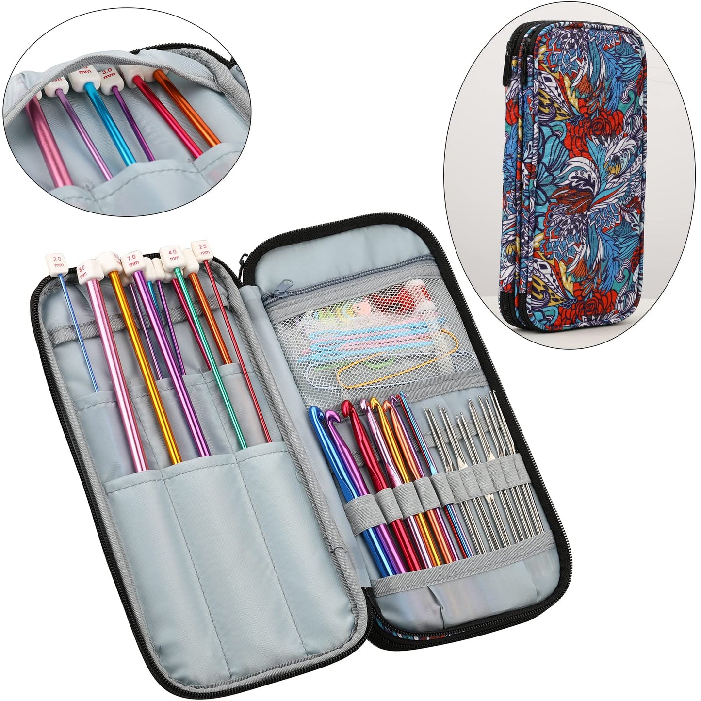 LOOEN Aluminum Tunisian Crochet Hooks Set Afghan Knitting Needles Kit with Long Case,11pcs 2mm/B-8mm/L Hooks and Necessary Accessories,Gift for Mom (Flower)