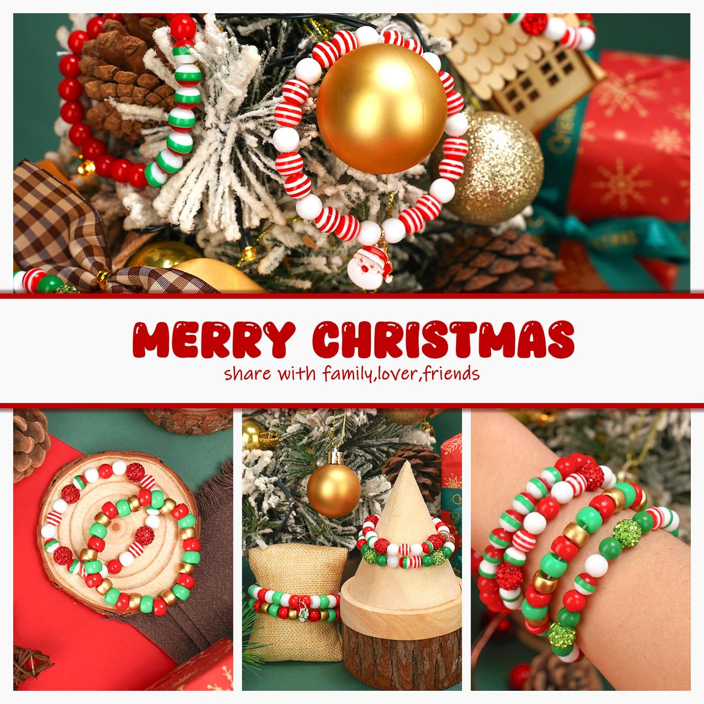 Christmas Beads for Bracelets, 500Pcs Pony Beads Kit with Christmas Tree Snowflake Charms Xmas Party Decor Red Green Assorted Beads Gifts for Girls Kids DIY Jewelry Making Crafts Stocking Stuffers