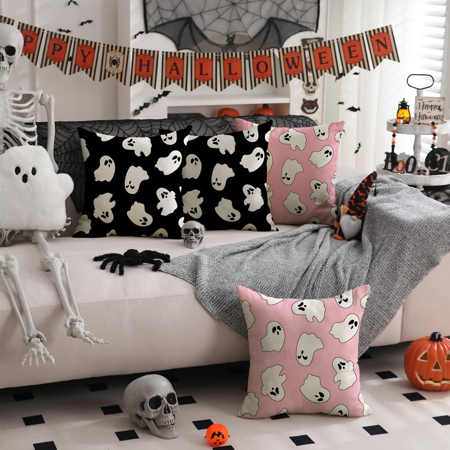 DFXSZ Halloween Pillow Covers 18x18 inch Set of 2 Happy Halloween White Ghost Decor Black Pillow Covers Happy Halloween Sofa Bed Outdoor Car Decoration TH-14A18
