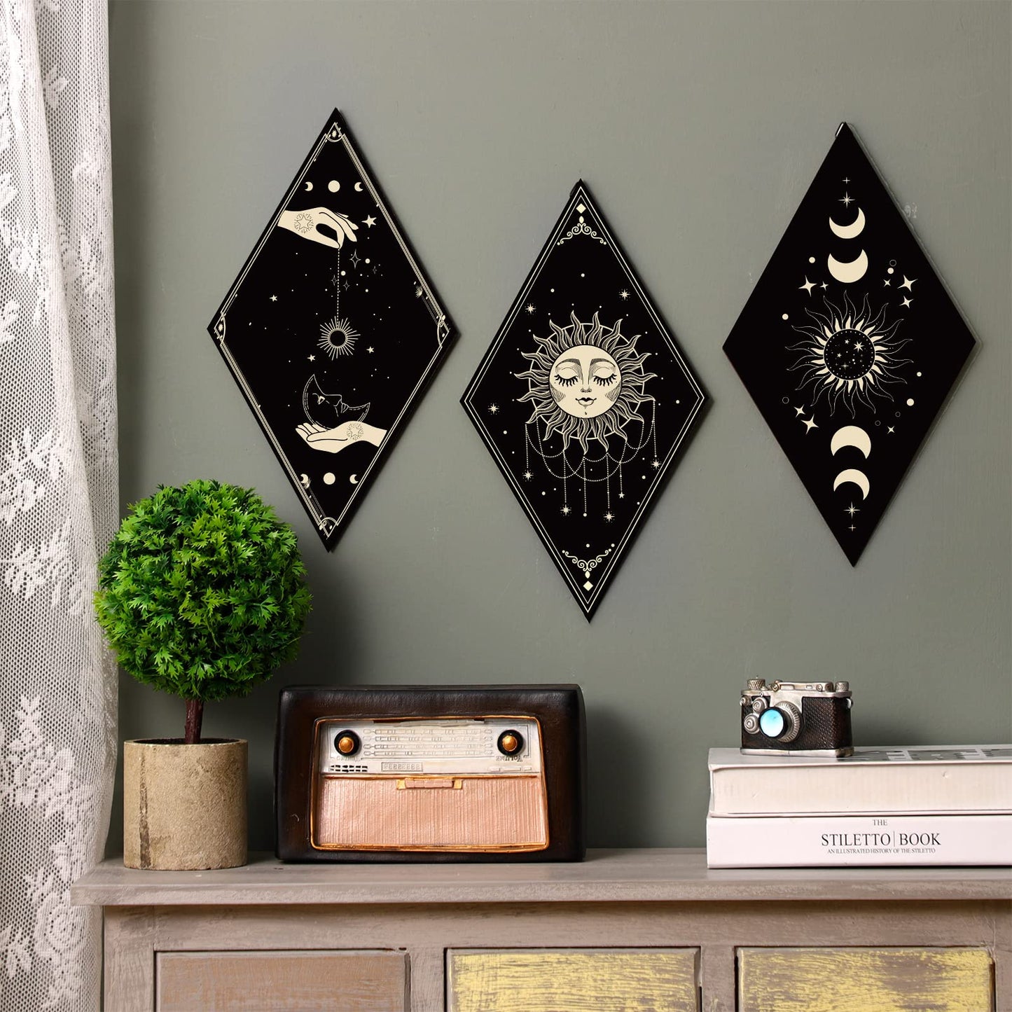 6 Pieces Boho Wall Decor Sun Moon Phases Wall Art Gothic Minimalist Stars Sun Hanging Wooden Home Decor Farmhouse Pediments for Gallery Living Bedroom Room(Boho)