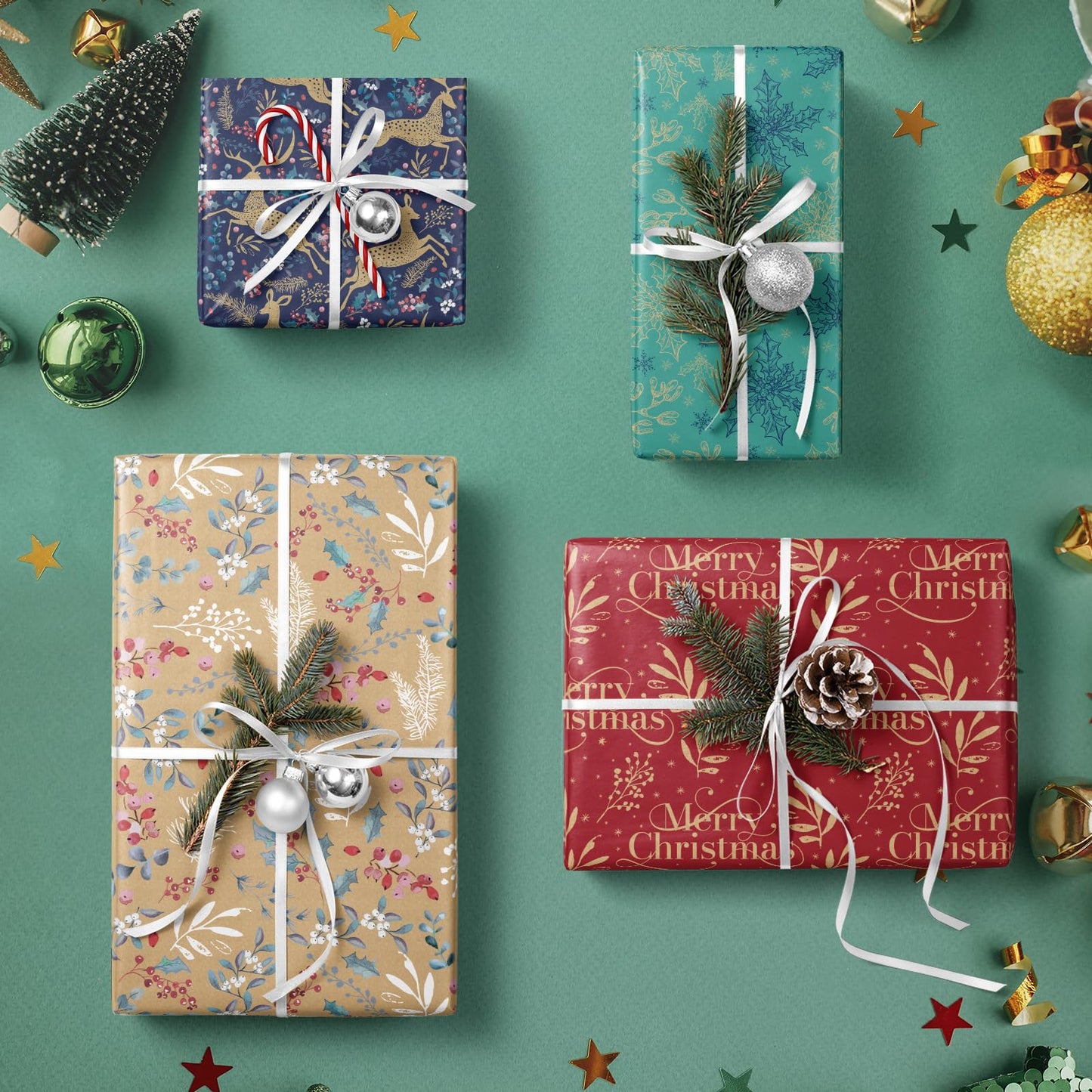 Christmas Kraft Wrapping Paper - Reindeer, Berry Leaf and Text Design - 4 Rolls - 30 inches x 10 feet per Roll