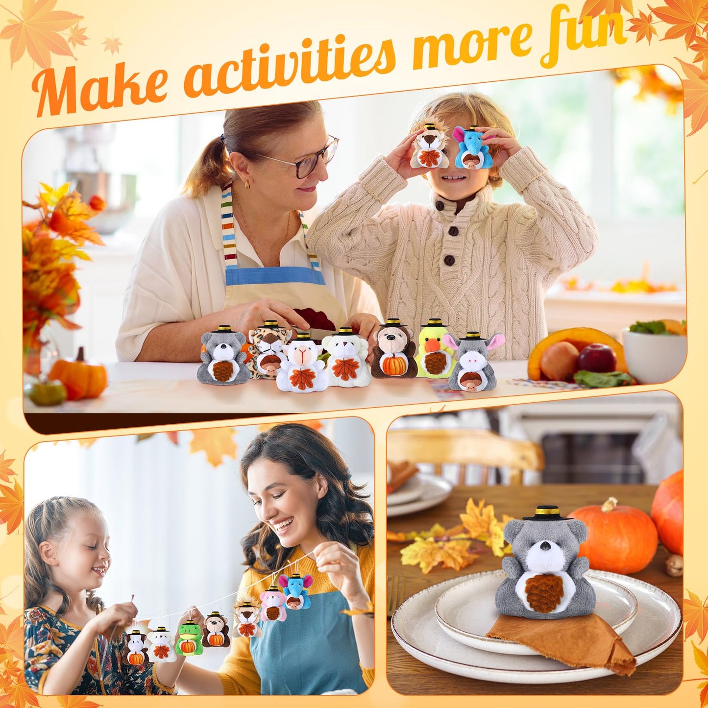 24 Mini Thanksgiving Stuffed Animal Set Fall Small Thanksgiving Stuffed Animal Bulk Autumn Plush Toy Keychain Decor for Fall Party Favors Tree Ornament Goodie Bag Fillers Gift 3 Inch