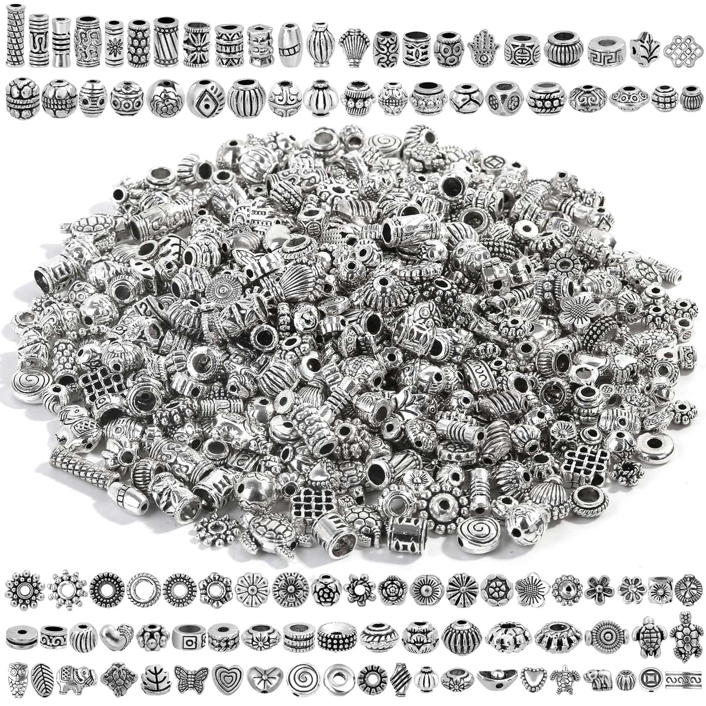 500 Pcs Bracelet Spacer Beads, Silver Bulk Random Styles Loose Spacer Metal Charm for Necklace, Earring Making DIY Jewelry Accessories