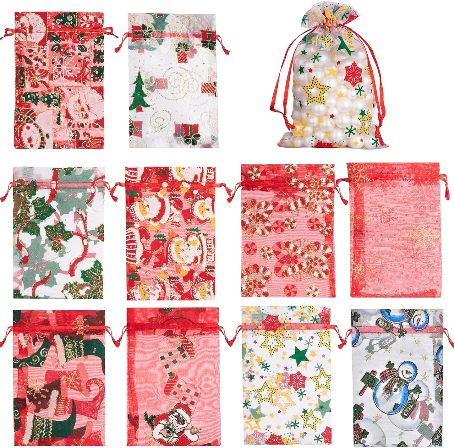 50 PCS 4x6 Inches Mixed Color Christmas Organza Gift Bags with Drawstring, Jewelry Candy Bags for Christmas