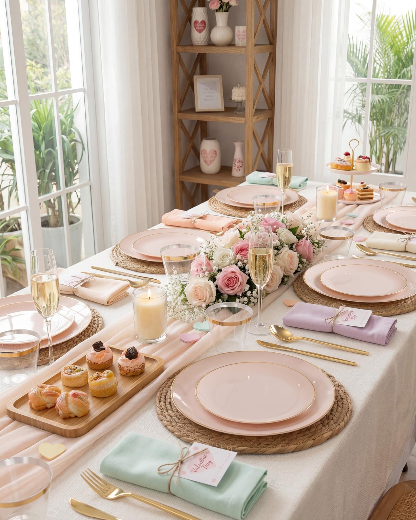 bUCLA 150PCS Pink Plastic Plates - Pink and Gold Disposable Include 25 Each (Dinner & Dessert) Plates, 25 Knives, 25 Forks, 25 Spoons and 25 Cups, Ideal for Party, Wedding & Easter