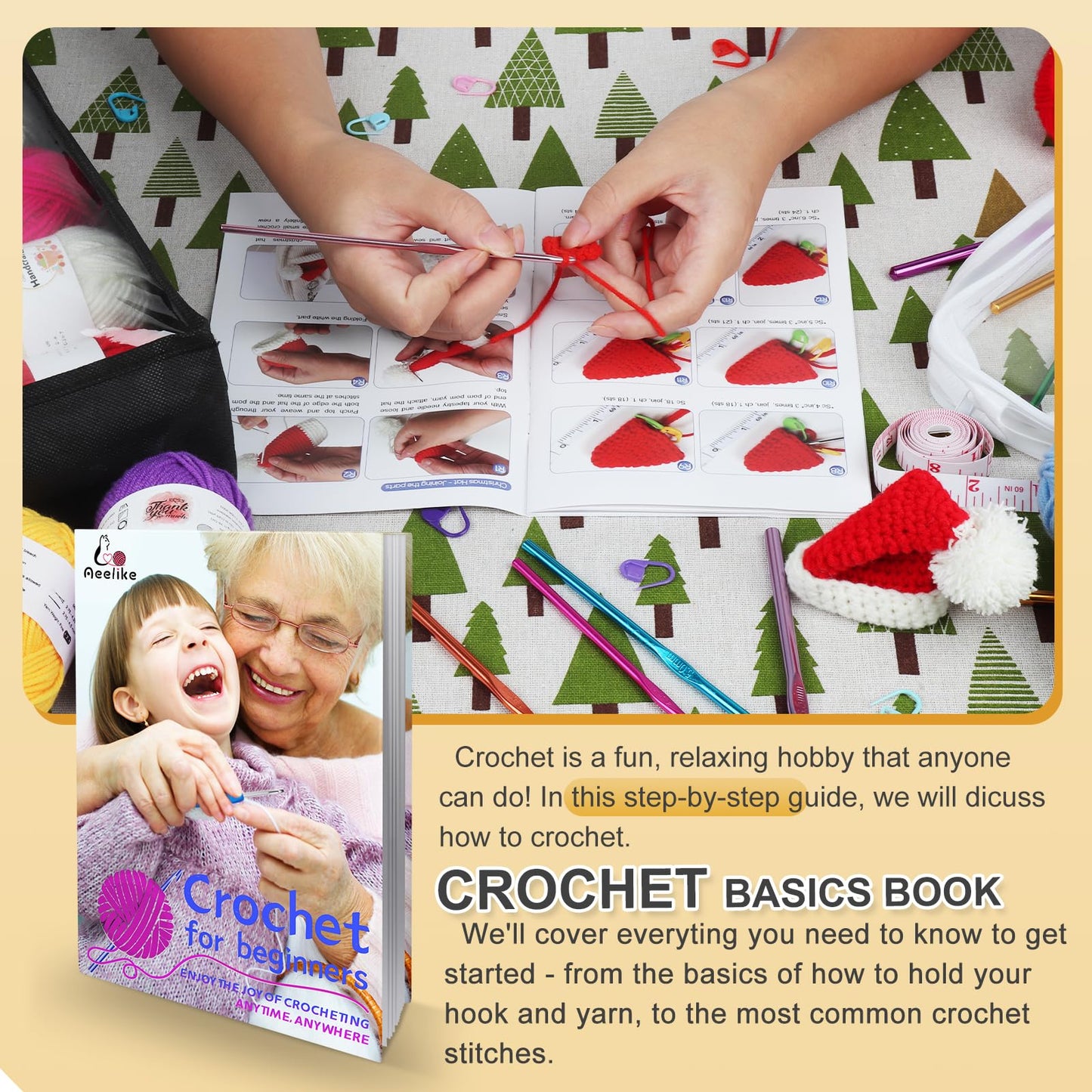 Crochet Kit for Beginners with Yarn and Introduction Book, Crochet Starter Kit Everything for Ages 8-12, Learn to Crochet Kit with Ergonomic Soft Grip Crochet Hooks and Blue Flower Bag
