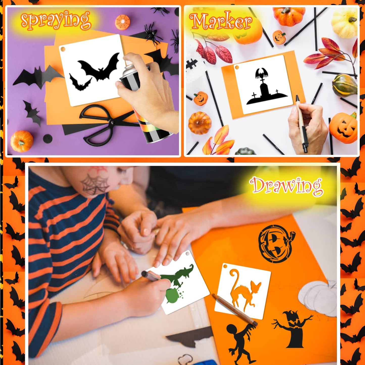 Small Stencils for Painting on Wood Reusable, 3 Inch Reusable Stencil for Craft Ornament Paint Template Stencils for Wall Card Rock Wood Signs Coasters Canvas Home Decor (Halloween)