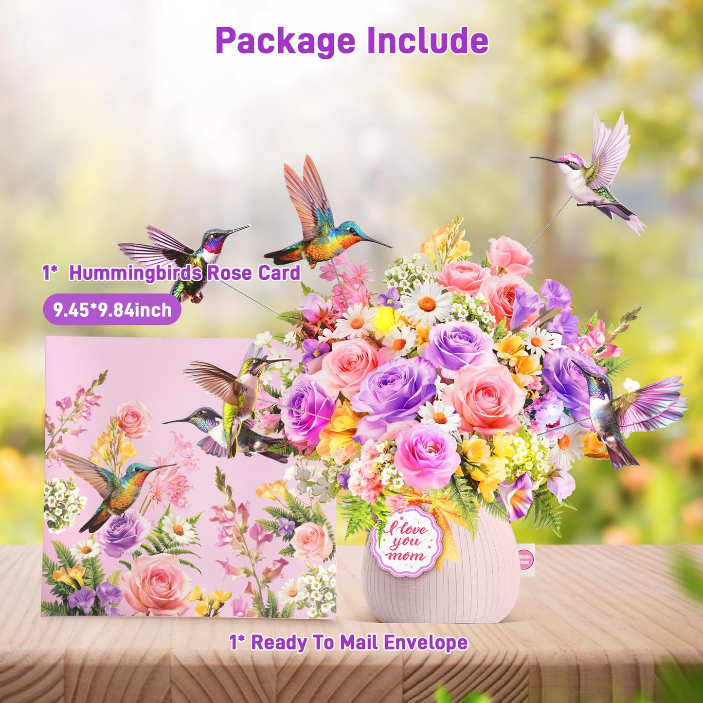MZD8391 Mothers Day Card with Music & Lights, 3D Pop Up Mothers Day Gift, Hummingbird, 10 Inch Life Sized Forever Flower Bouquet Birthday Card For Mom, Women, Wife