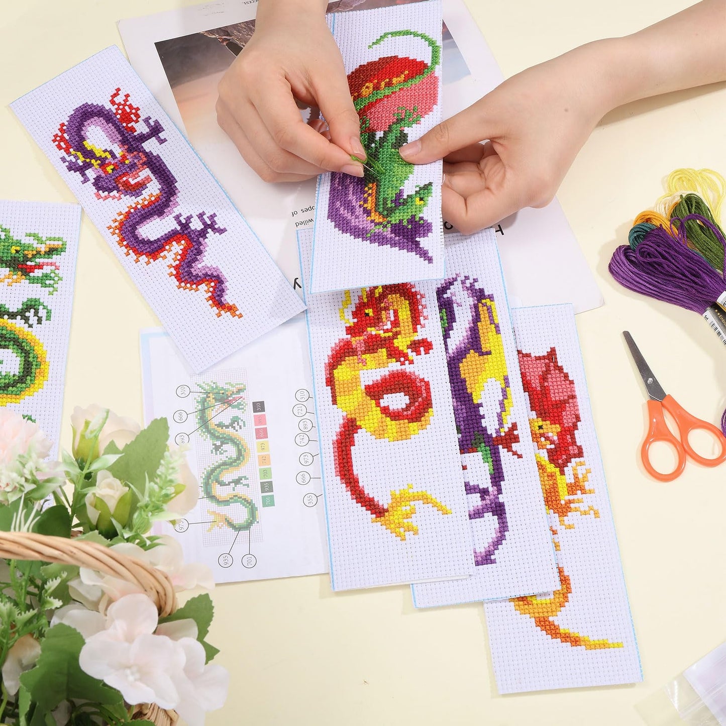 6 Pcs Cross Stitch Bookmark Kit for Beginner Dragon Pattern Stamped Embroidery Stitch Kits for Starter DIY Bookmarks Printed Cross Stitch Kits with 13 Colors Embroidery Floss
