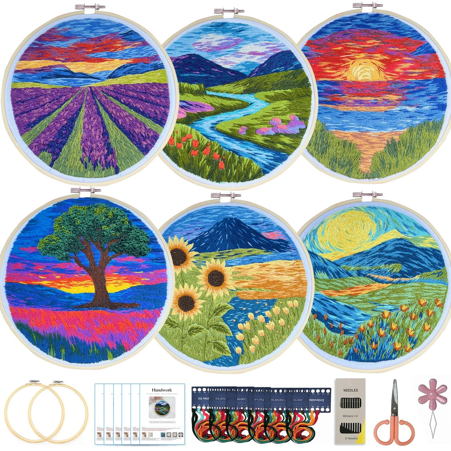 Maydear 6 Pack Embroidery Starter Kit with Pattern, Stamped Cross Stitch Kits for Beginners Adults with Embroidery Hoop and Instructions, Hand Embroidery Kit (Landscape six Sets)
