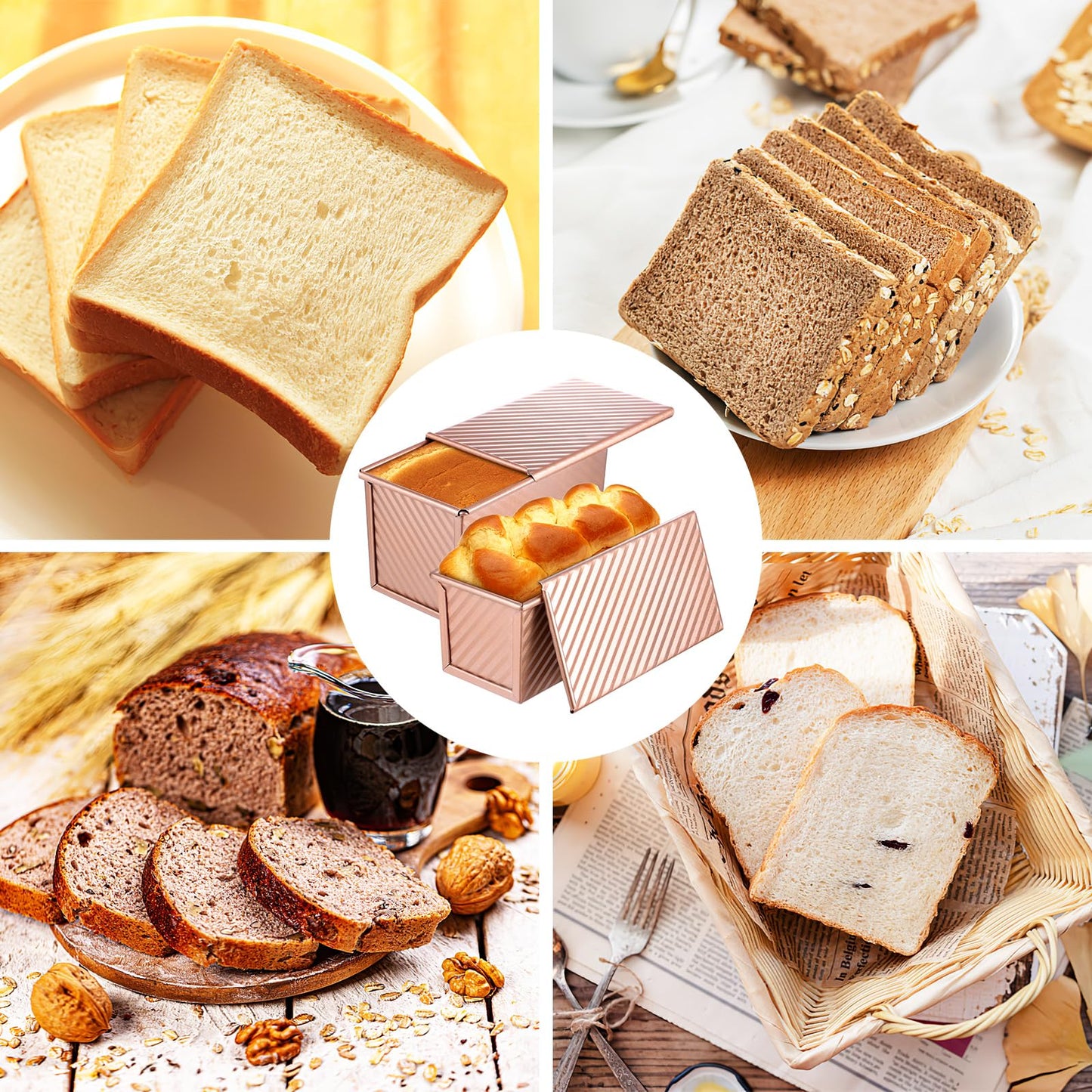 MOJIEZUO 2PCS Pullman Loaf Pan with Lid, 1 lb & 0.5 lb Dough Capacity Non-Stick Bakeware for Baking Bread, Carbon Steel Corrugated Bread Toast Box with Cover for Homemade Sandwich Bread, Rose Gold