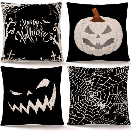 Whaline Happy Halloween Pillow Cover Pumpkin Spider Web Pillow Case Black Linen Throw Cushion Cover Cushion Cases for Home Office Halloween Sofa Bed Decoration, 18" x 18" (4Pcs)