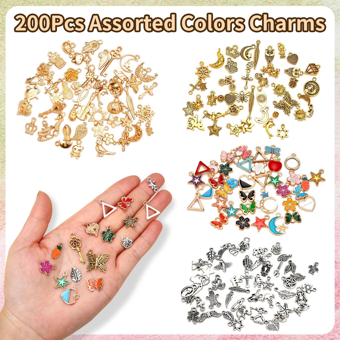 SANNIX 200Pcs Charms for Jewelry Making, Assorted Enamel Charms, Mixed Antique Gold Tibetan Silver Jewelry Bangle Charm Pendants for Bracelet Necklace Earrings Craft Supplies