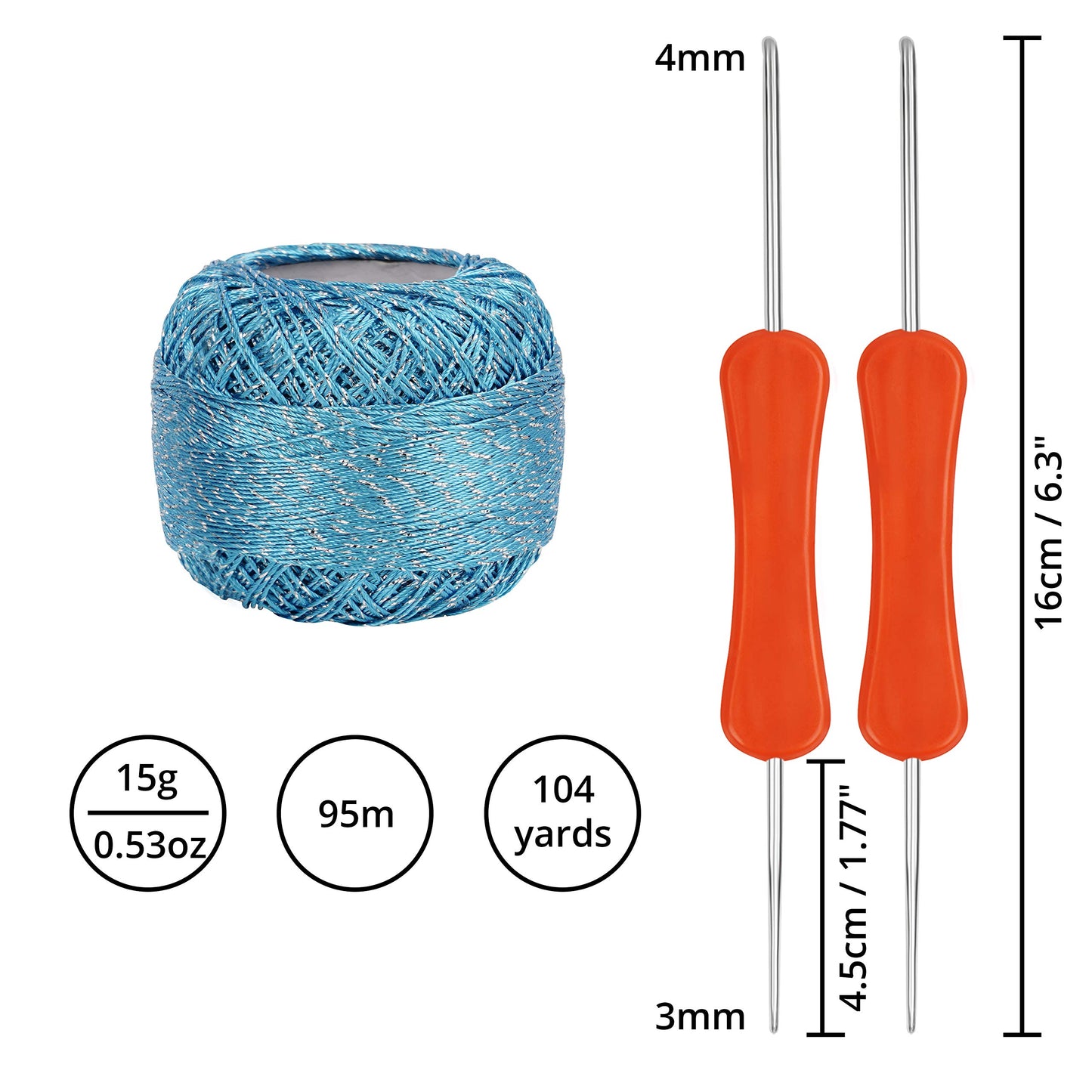 Kurtzy Colourful Glitter Crochet Yarn (10 Balls) - 2 Crochet Hooks Included (3mm & 4mm) - Each Thread Ball Weighs (15g/0.53 oz) - Total of 950/1040 Yards of Sparkly Coloured Acrylic Yarn