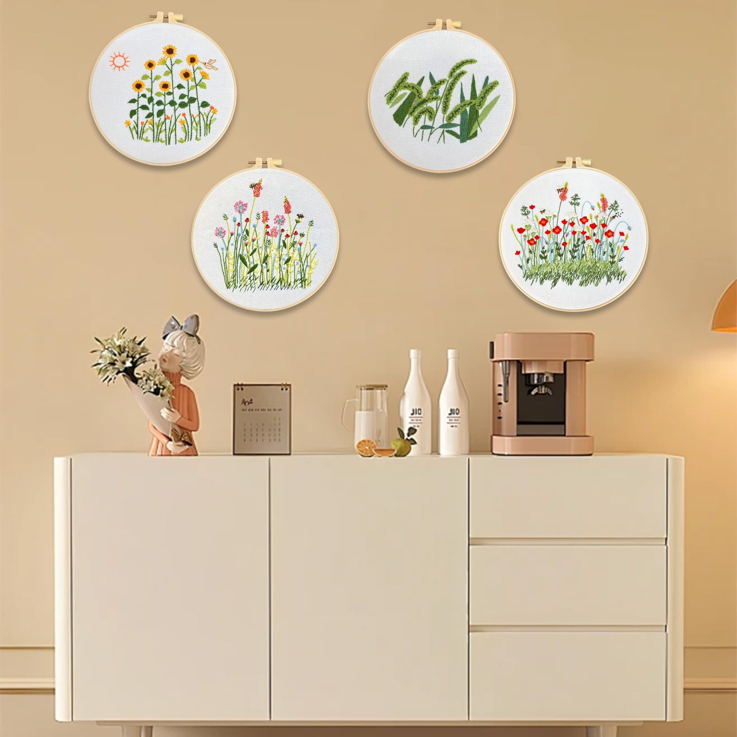 Maydear 4 Packs Embroidery Starter Kit with Pattern, Stamped Cross Stitch Kits for Beginners Adults with Embroidery Hoop and Instructions, Hand Embroidery Kit (A-Embroidery kit Florals)