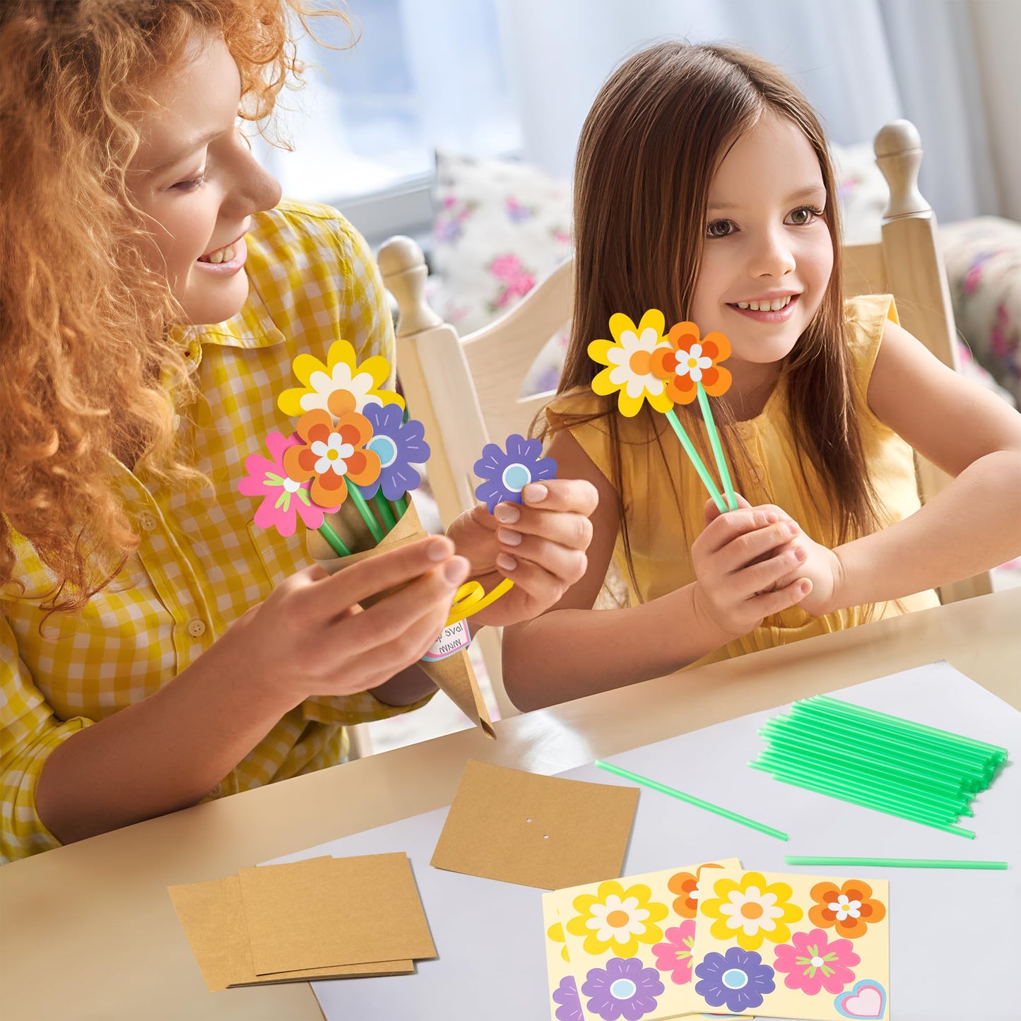 BeYumi Flower Bouquet Craft Kit - 24Pcs Mother's Day Flower Bouquet Craft for Kids Make Your Own Bunch of Flowers Teacher Appreciation Week DIY Thankful Gift Set School Classroom Home Fun Activities