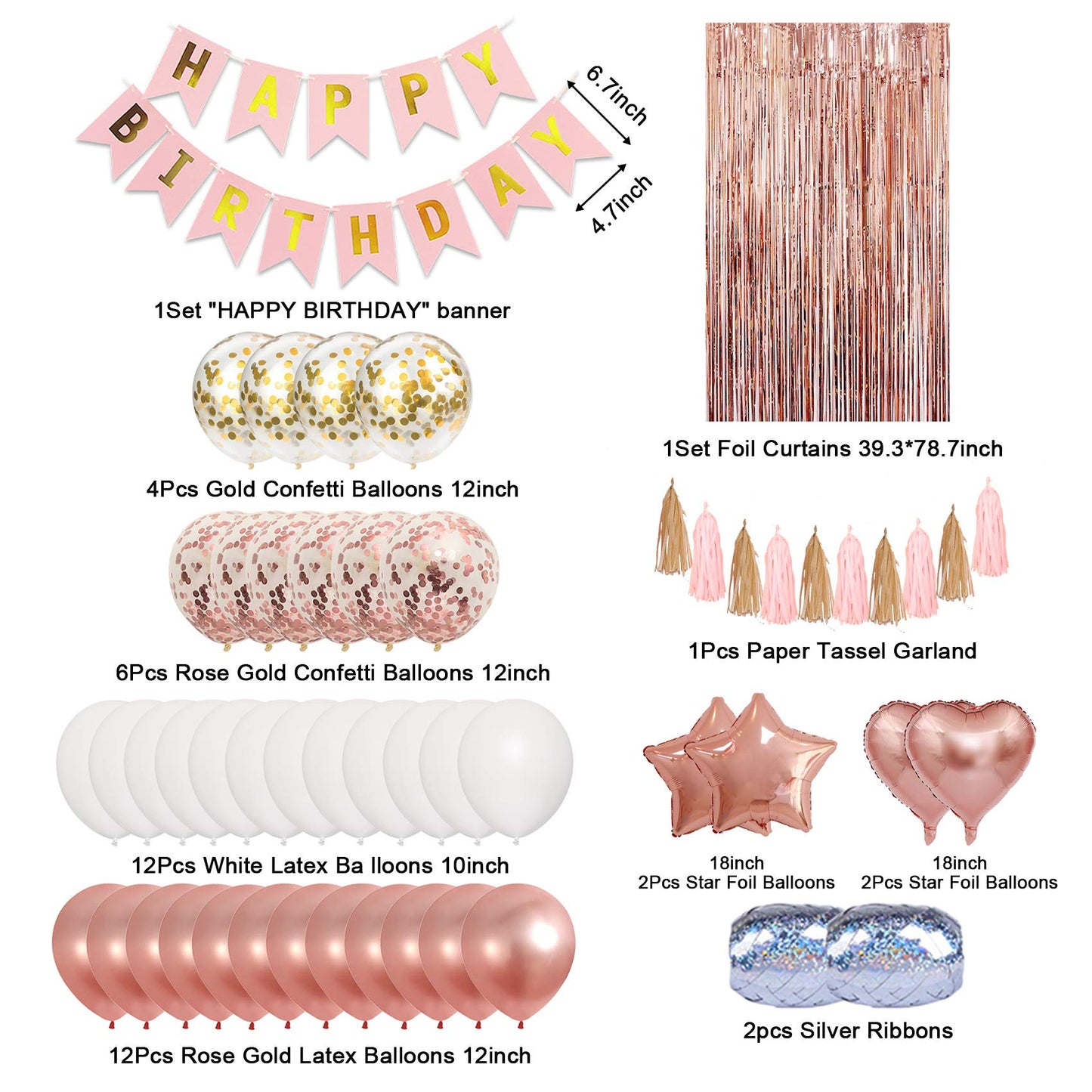 Amandir Rose Gold Birthday Party Decorations Kit, Confetti Foil Rose Gold Balloons Happy Birthday Banner Tassels Metallic Fringe Curtains Valentines day 30th 40th 50th 60th Party Supplies for Women