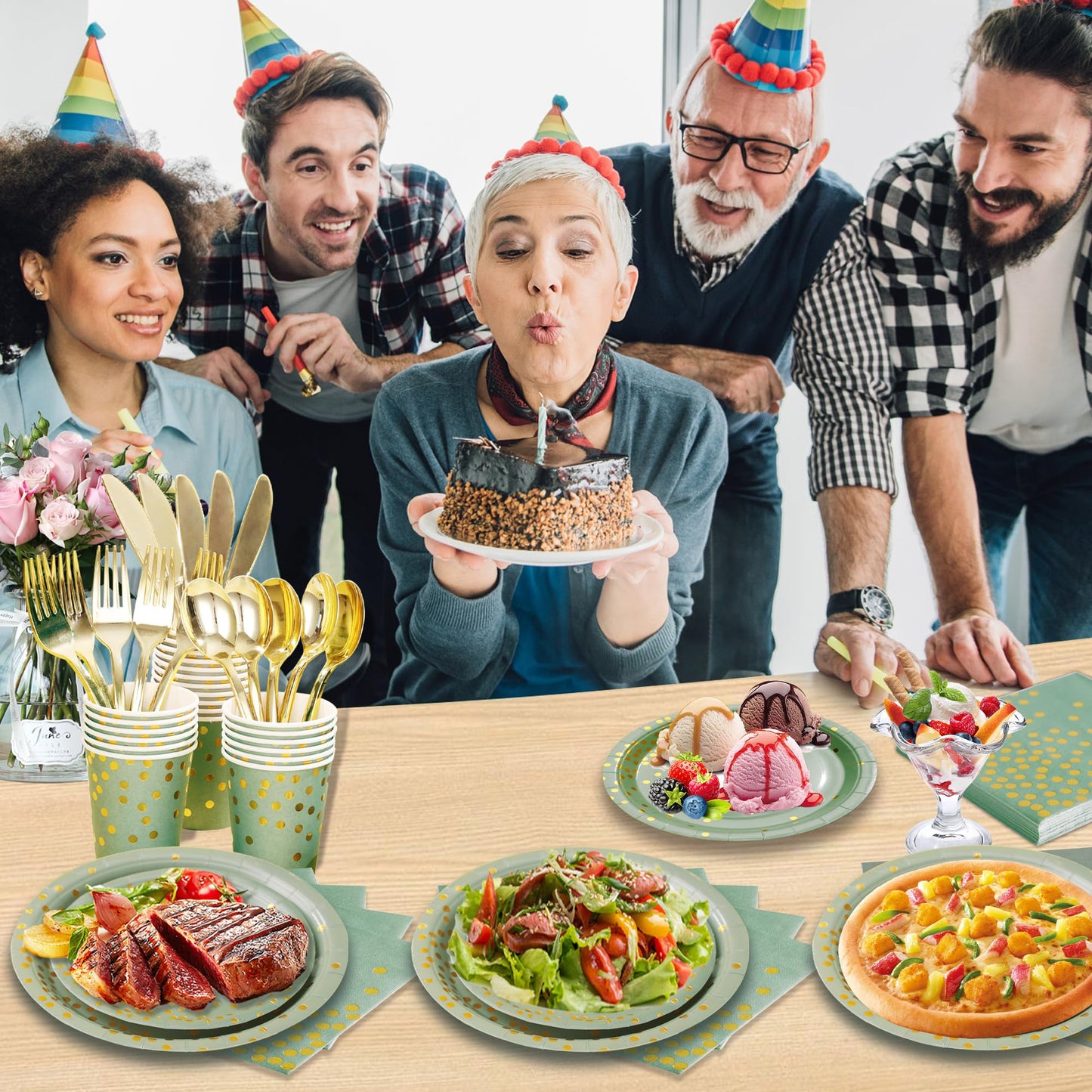 175 Pcs Sage Green Plates and Napkins Party Supplies - Sage Green Paper Plates Serve 25 Guests - Sage Green and Gold Disposable Plates Sets for Holiday Wedding Birthday Party Decoration