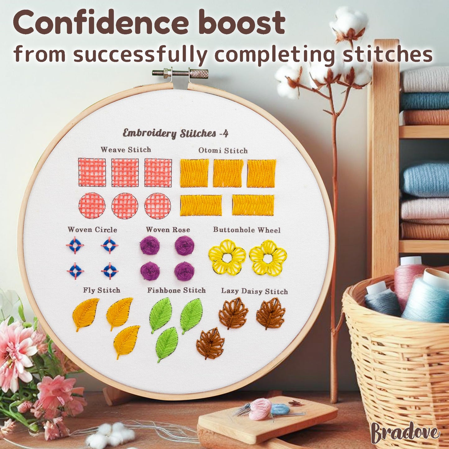 Bradove Classic Embroidery Stitches Practice Kit, Embroidery Kit for Beginners with Stamped Embroidery Patterns, Beginner Embroidery Kit for Adults, Hand Embroidery Kit for Kids, Stitches Kit