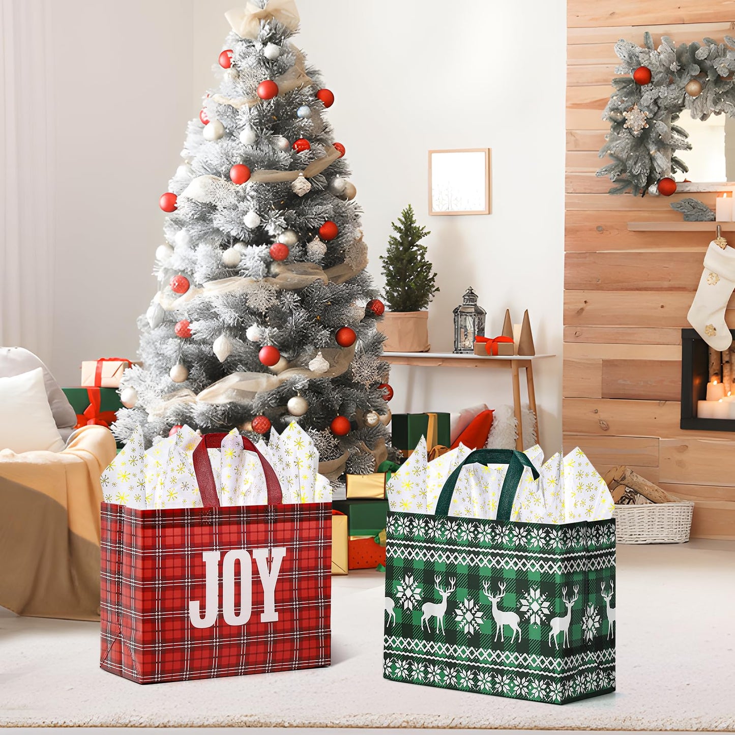 2 Pack 13" Large Christmas Gift Bags with Tissue Paper, Reusable Christmas Tote Bags with Handles, Non-Woven Holiday Gift Bags for Xmas Gift Wrap/Party Favor Supplies, 12.8"*10.2"*6.3"