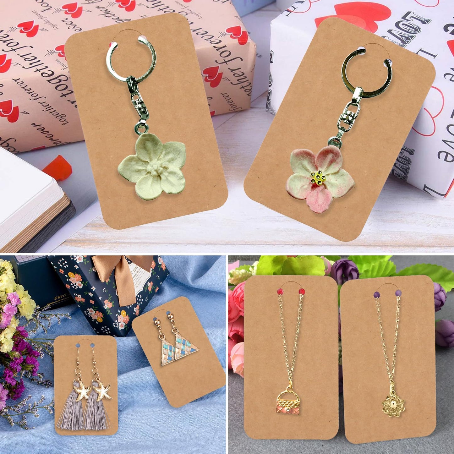 ZYNERY 100 PCS Keychain Display Cards, 3 x 4.7 Inch Keychain Holder with Self-Sealing Bags, Card Display Rack for Displaying Keyring Jewelry Bulk Keychains Packaging Supplies (Brown)