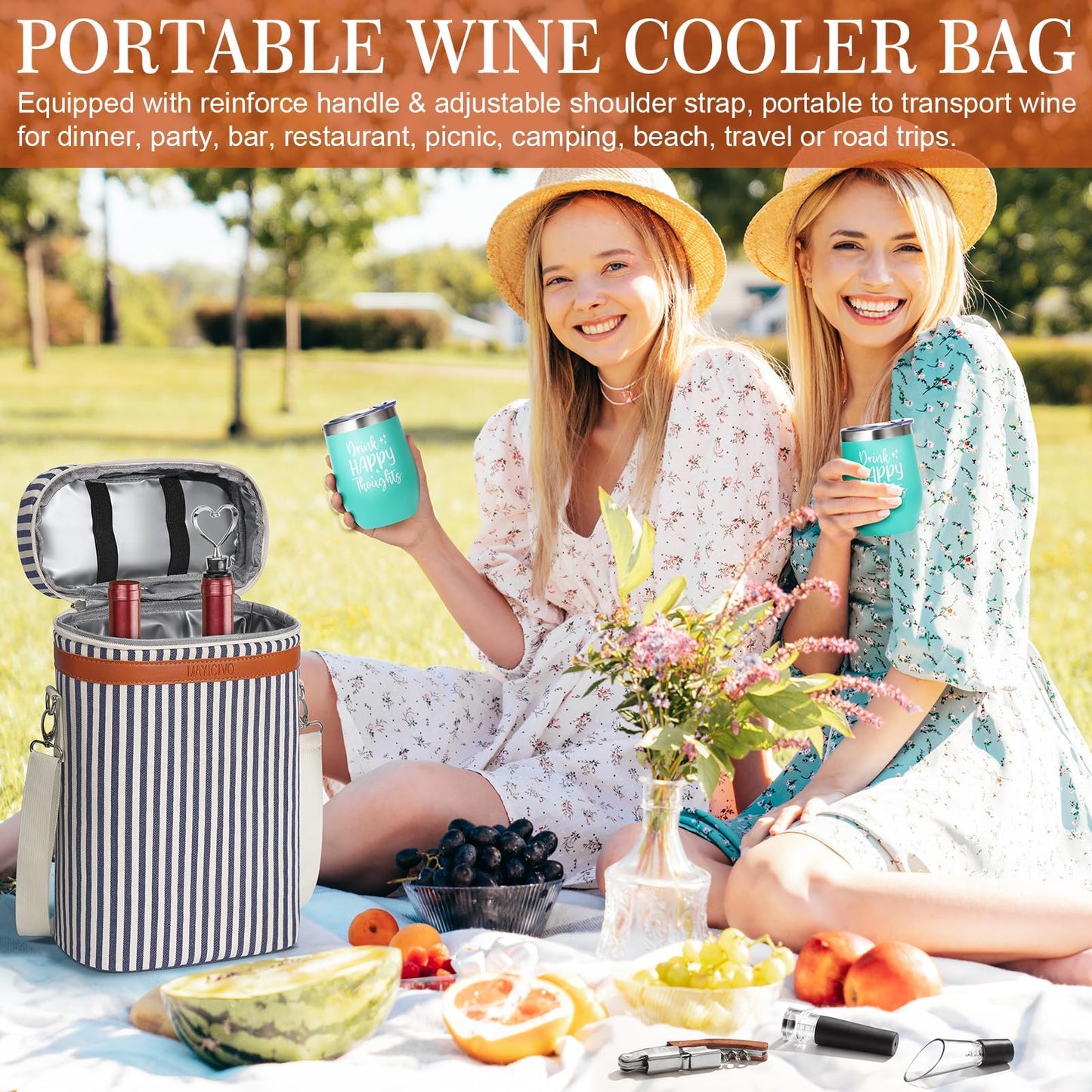 Birthday Gifts for Women Men - Mothers Day Wine Gift Baskets For Woman Mom, Her, Women, Friend, Wine Lovers, Self Care Package, Insulated Wines Tote Bag Carrier w/ Tumblers & Wines Accessories Set