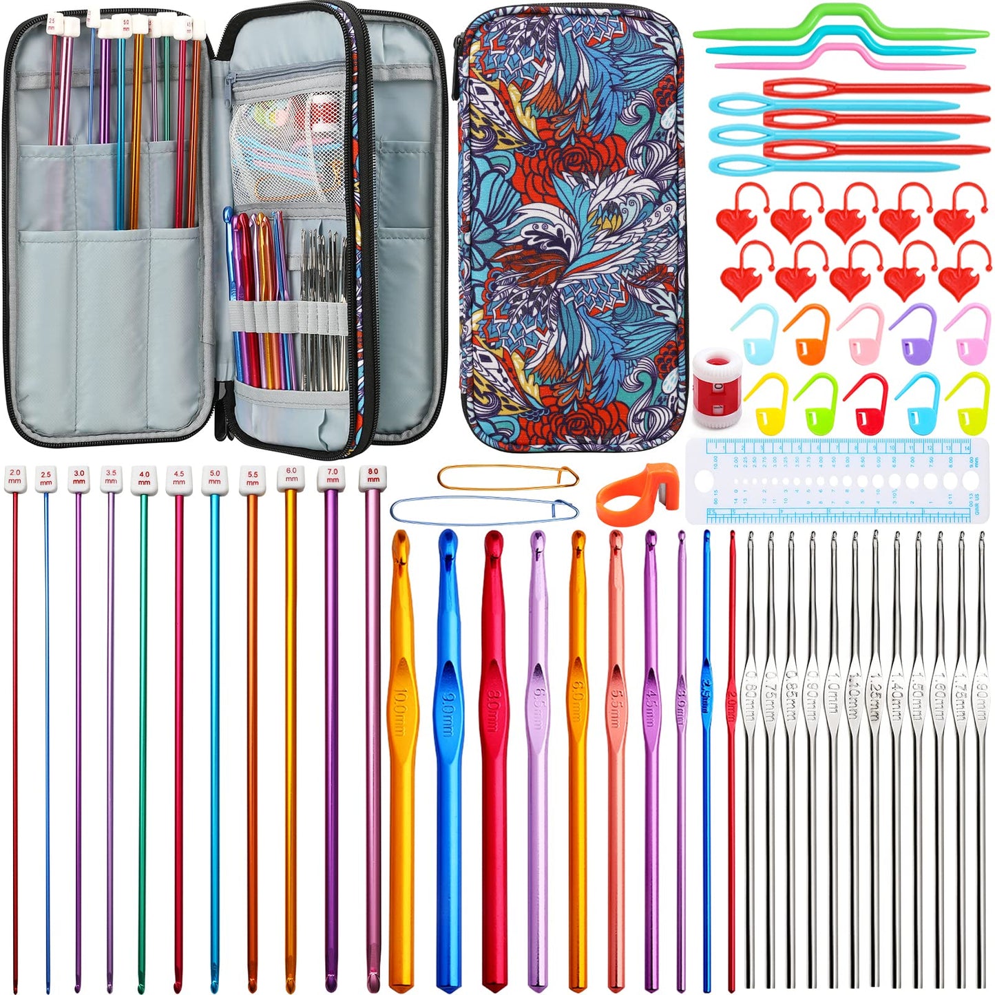 LOOEN Aluminum Tunisian Crochet Hooks Set Afghan Knitting Needles Kit with Long Case,11pcs 2mm/B-8mm/L Hooks and Necessary Accessories,Gift for Mom (Flower)