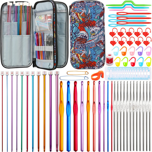LOOEN Aluminum Tunisian Crochet Hooks Set Afghan Knitting Needles Kit with Long Case,11pcs 2mm/B-8mm/L Hooks and Necessary Accessories,Gift for Mom (Flower)