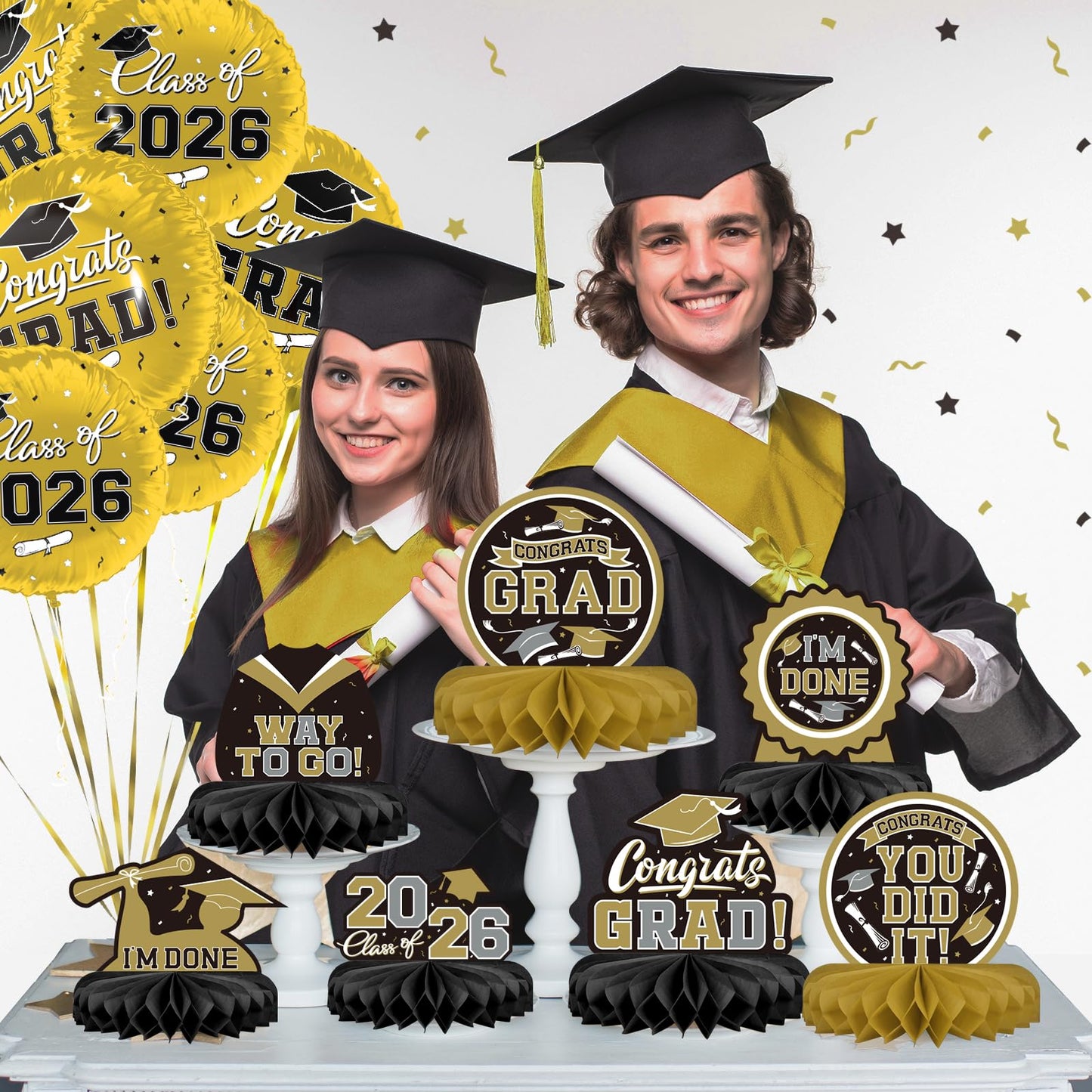 9PCS Graduation Party Decorations Class of 2026 Congrats Grad Table Centerpiece Congratulate Graduation Honeycomb Table Toppers for Graduation Party Supplies(Black）