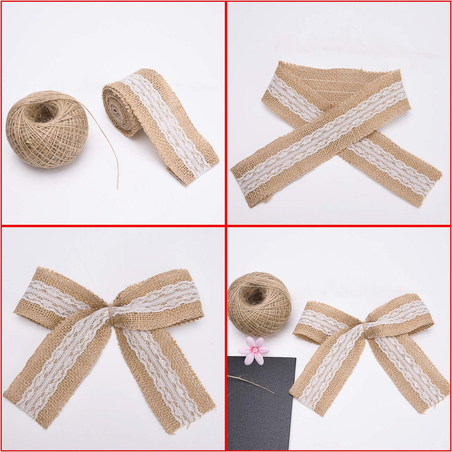 Livder 11 Yards Natural Burlap Ribbon Roll with White Lace and 109 Yard Jute Twine for DIY Home Decoration and Gift Wrap