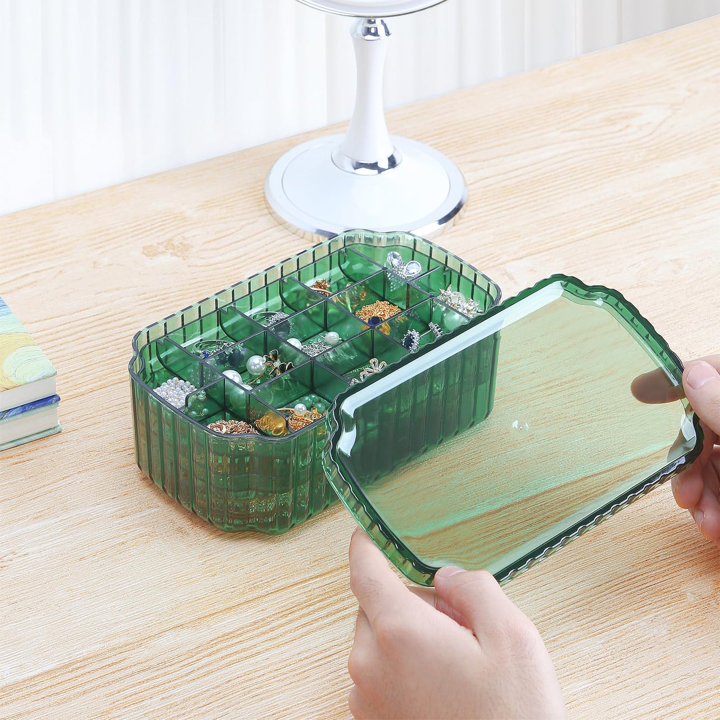 LETURE 3-Layer Jewelry Organizer Box for Earrings, Rings, Necklaces, Bracelets, Clear Plastic Bead Storage Containers for Crafts (Green)