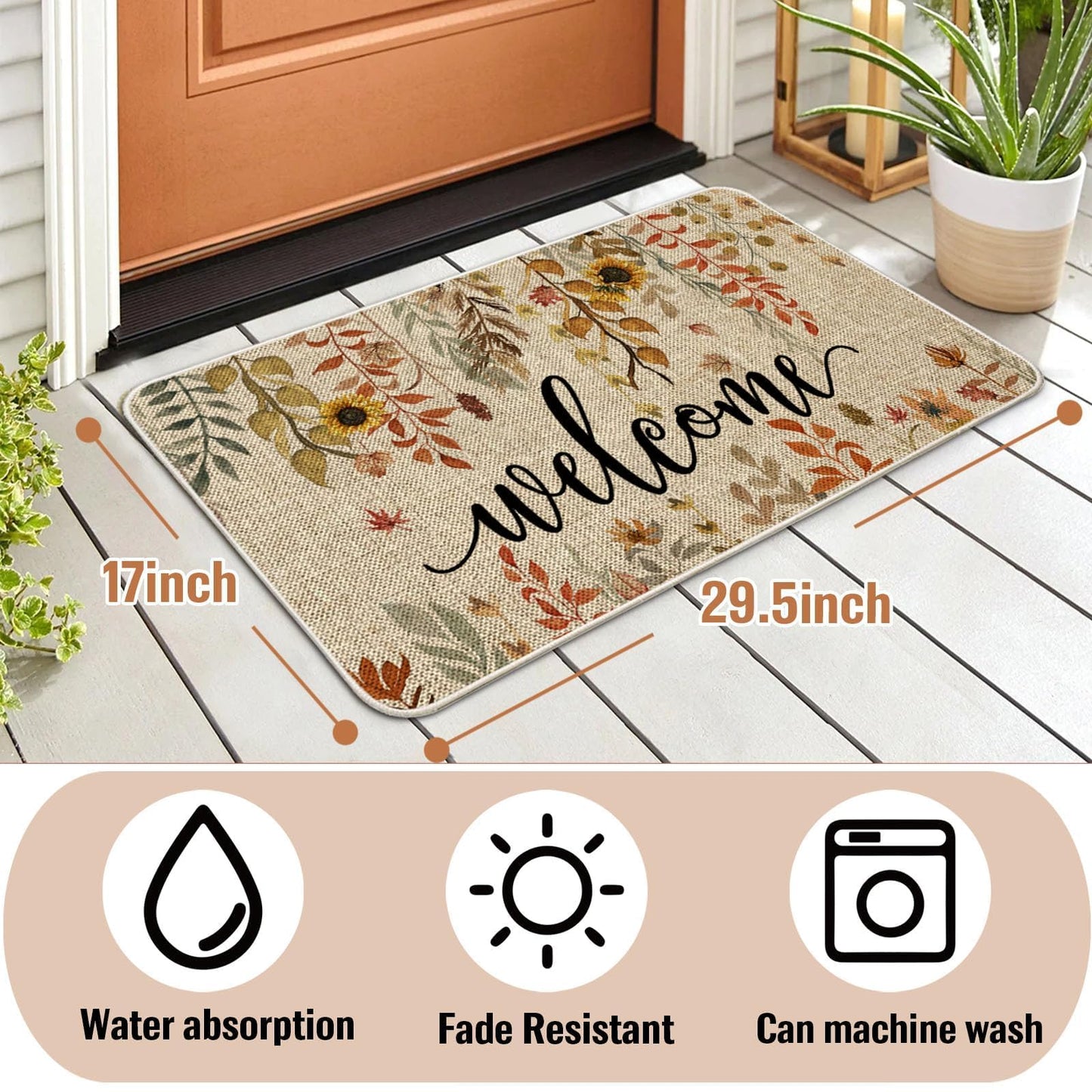 ORTIGIA Welcome Fall Doormat Eucalyptus Leaves Sunflowers Door Mats Indoor Outdoor Patio Non-Slip Durable Entrance FloorMat for Home, Outside, Yard, Patio 17x29.5 Inch