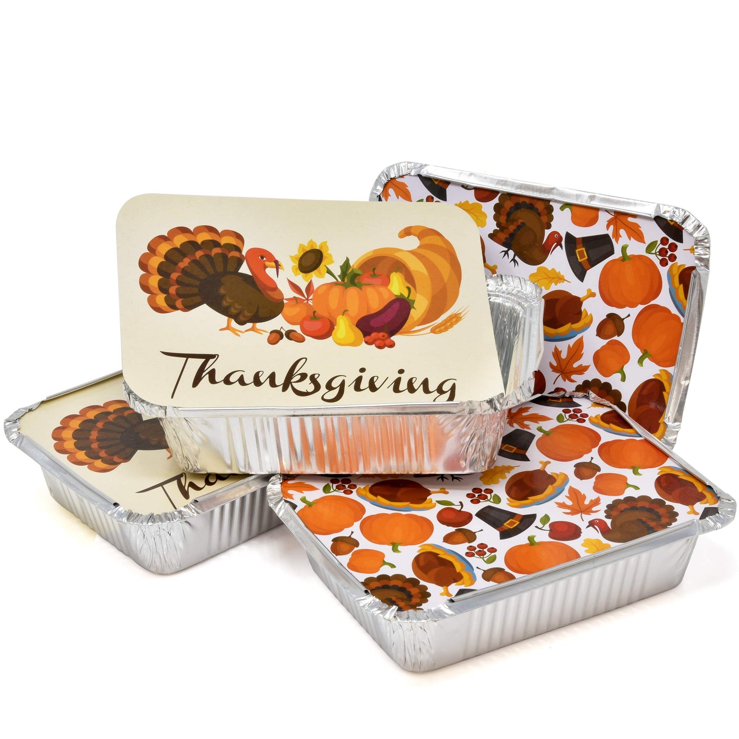 Gift Boutique Thanksgiving Aluminum Foil Pans with Lids – 36 Pack Disposable 7x5x1.5 Inch Rectangular Containers with Festive Turkey and Pumpkin Prints for Holiday Baking, Leftovers, and Desserts