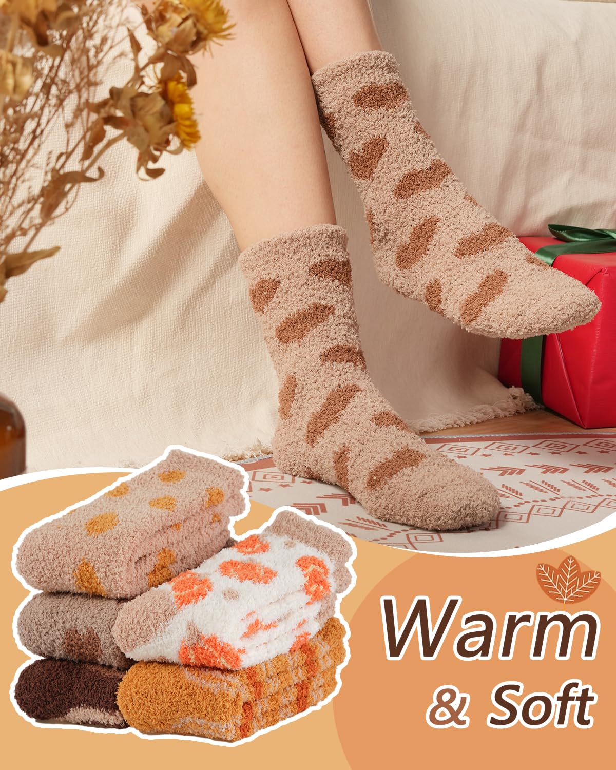 Socks for Women Fluffy Cozy Slipper Socks Fall Halloween Socks Gifts Pumpkin Slippers
