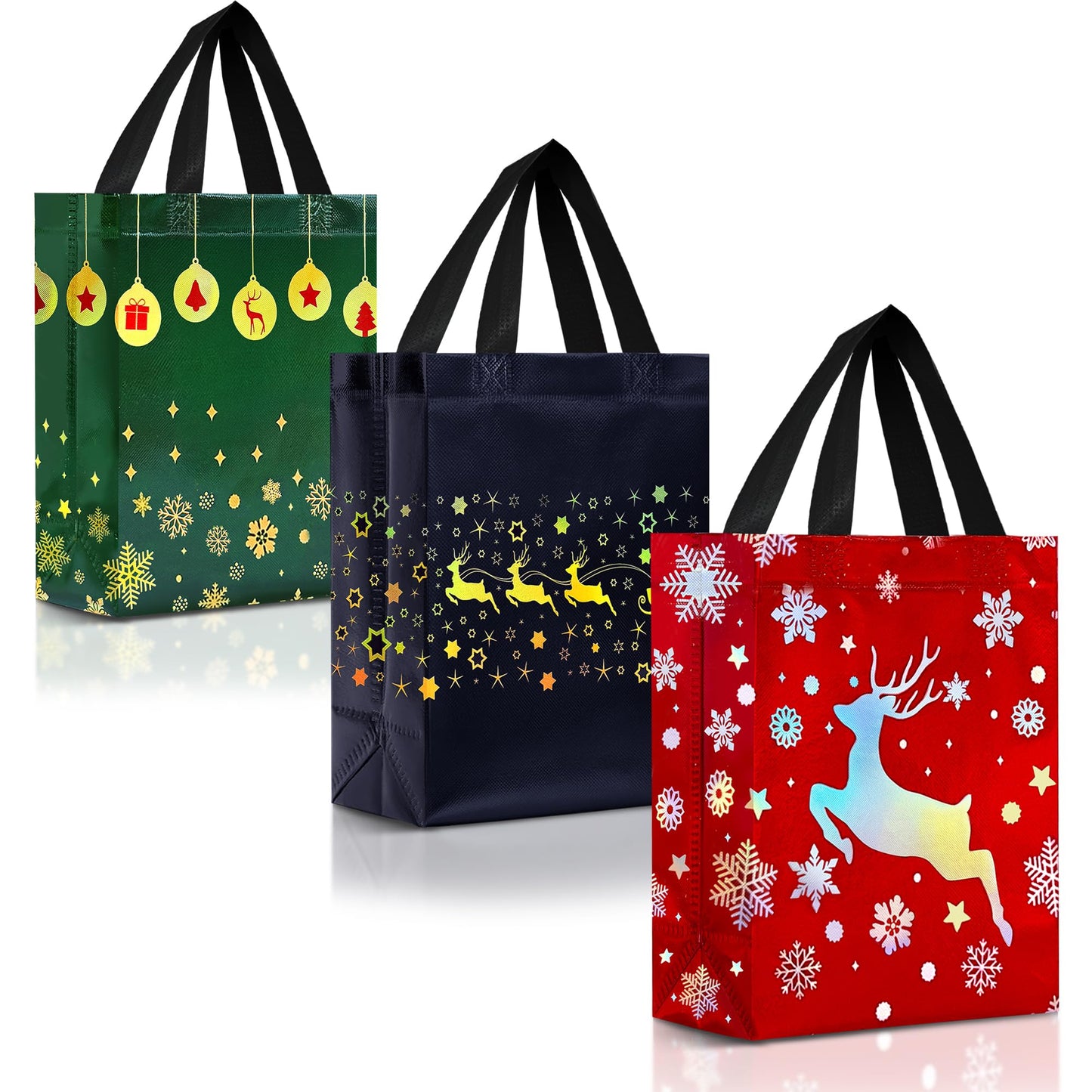 12 Christmas Gift Bags with Handles – Reusable Christmas Bags for Gifts Medium Size - Holiday Gift Bags in Festive Red, Green & Navy Blue Mix - Perfect Party Favor Bags for Xmas - 8x4x10